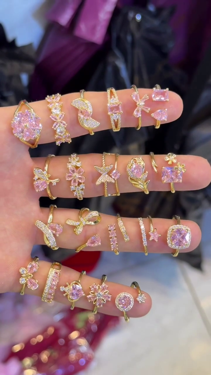 Pink Gemstone Dreamscape Ring Set – Butterfly, Heart, Flower, and Bow Motifs in Silver-Toned Brilliance 🌟✨]