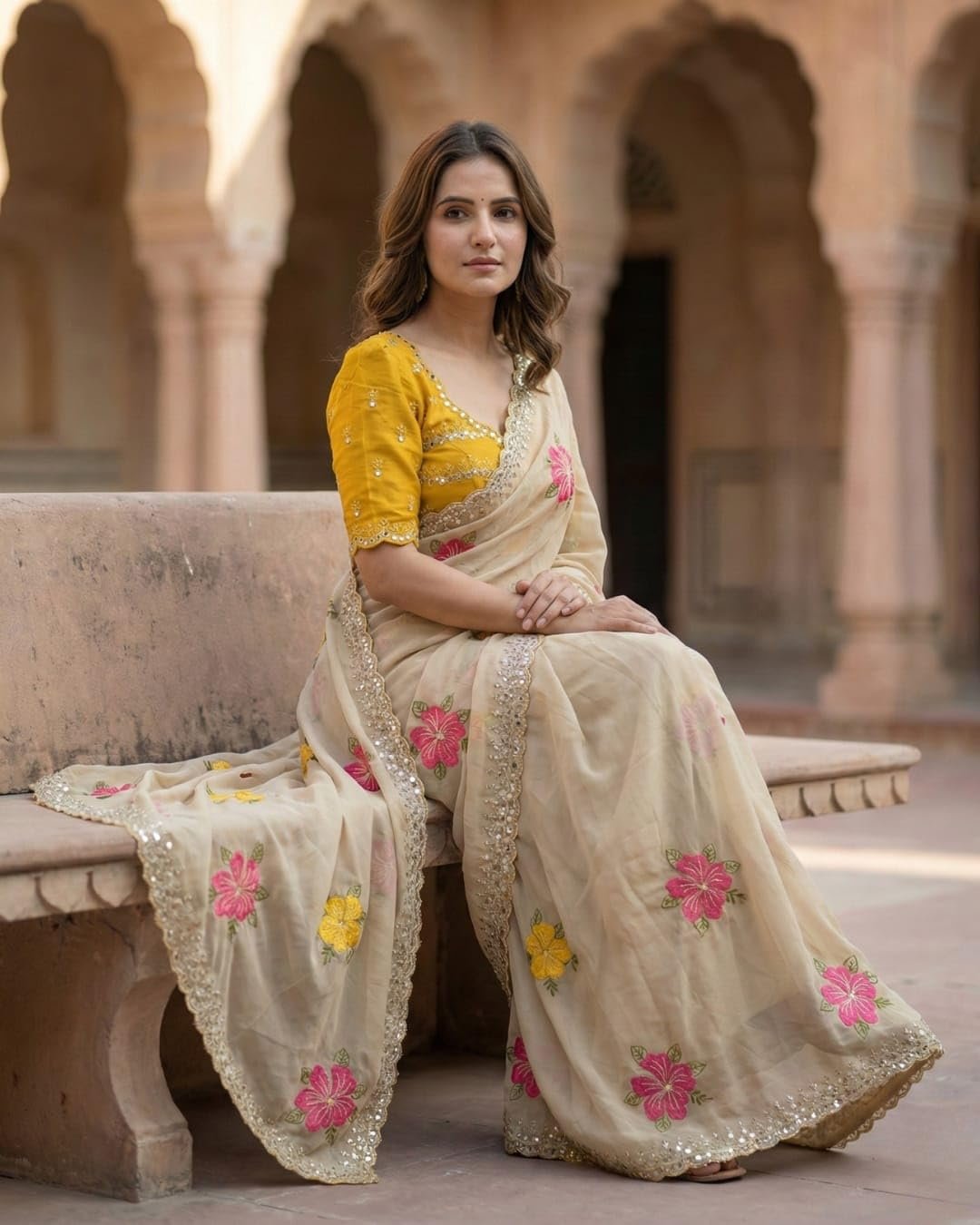 Handcrafted Floral Embroidered Saree with Contrast Blouse