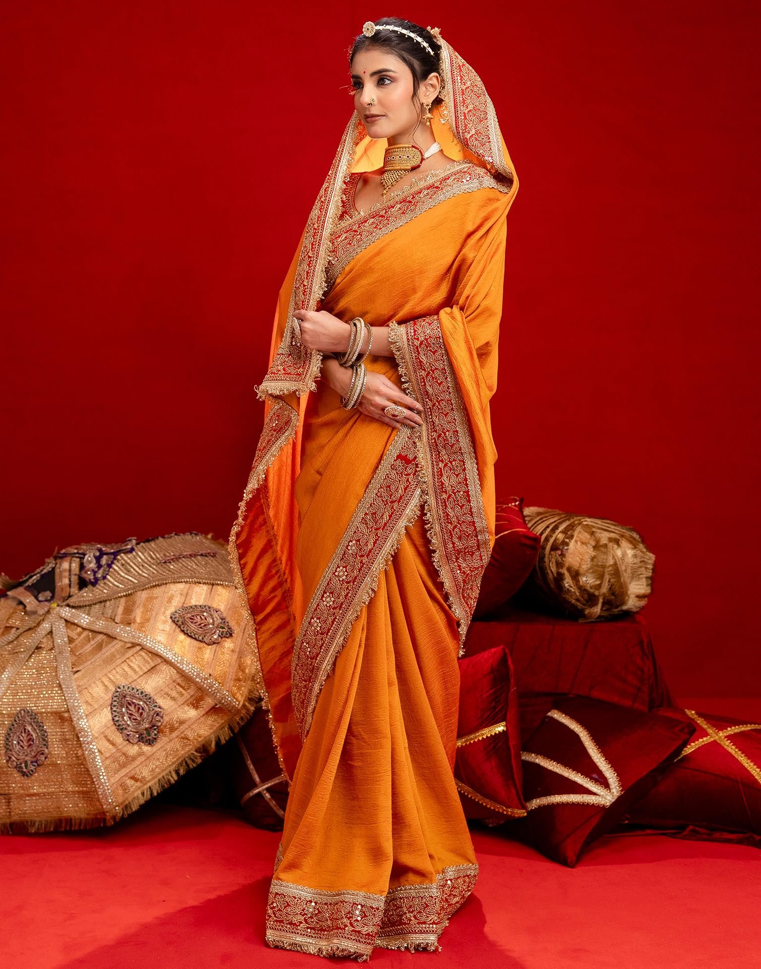 SIRIL Women's Vichitra Silk Sequins Embroidery Lace Saree With Unstitched Blouse Piece
