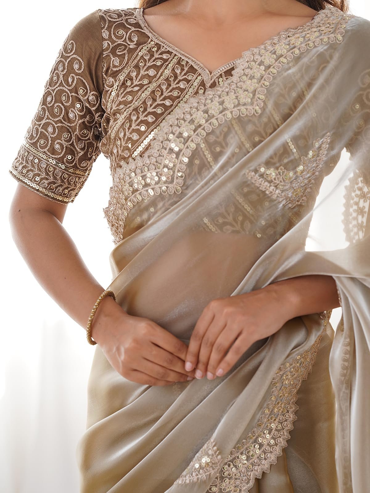 Satrani Women's Tissue Silk Sequin Embroidery Scalloped Border Saree with Unstitched Blouse Piece