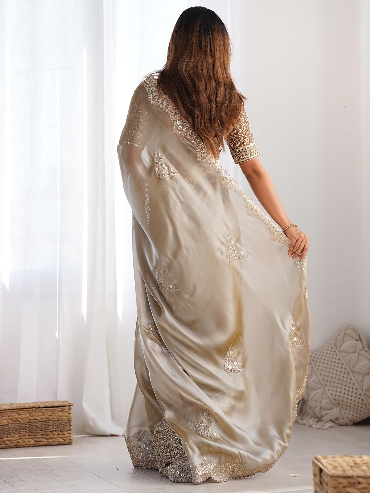 Satrani Women's Tissue Silk Sequin Embroidery Scalloped Border Saree with Unstitched Blouse Piece