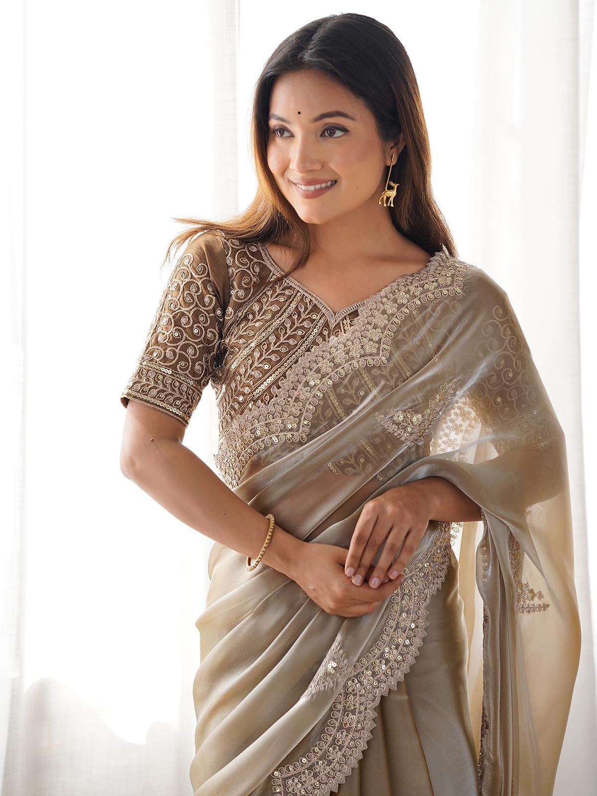 Satrani Women's Tissue Silk Sequin Embroidery Scalloped Border Saree with Unstitched Blouse Piece