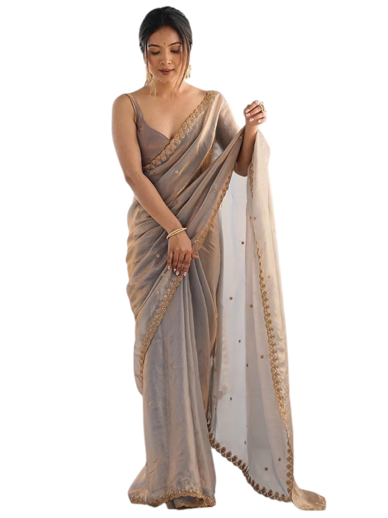 Women Embellished Sequinned Tissue Silk Saree with Elegant Border | Designer Saree for Women with Shimmer Finish, Soft Draping and Stylish Look for Festive and Special Occasions