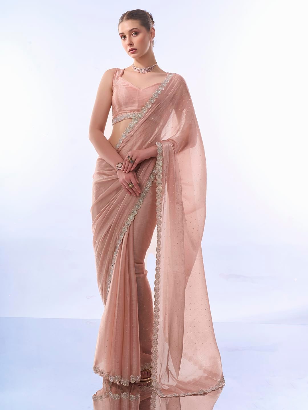 ORHANS Embellished Pure Chiffon Saree | Sequinned Pink Saree Fabric With Matching Blouse | Festive & Wedding