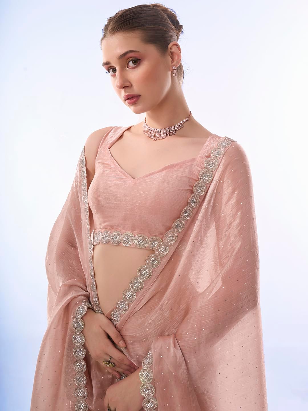 ORHANS Embellished Pure Chiffon Saree | Sequinned Pink Saree Fabric With Matching Blouse | Festive & Wedding
