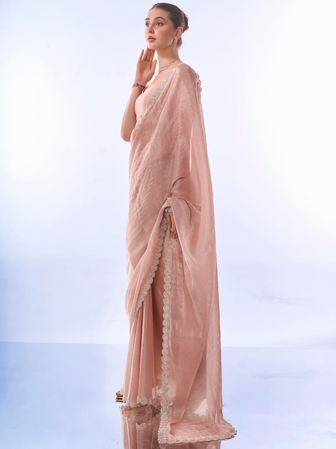 ORHANS Embellished Pure Chiffon Saree | Sequinned Pink Saree Fabric With Matching Blouse | Festive & Wedding