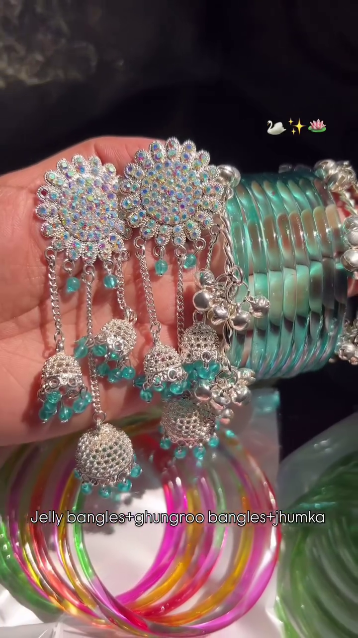 Turquoise Melody Jewelry Set – Jelly Bangles with Ghungroo Bells and Silver Jhumka Earrings 🌸✨