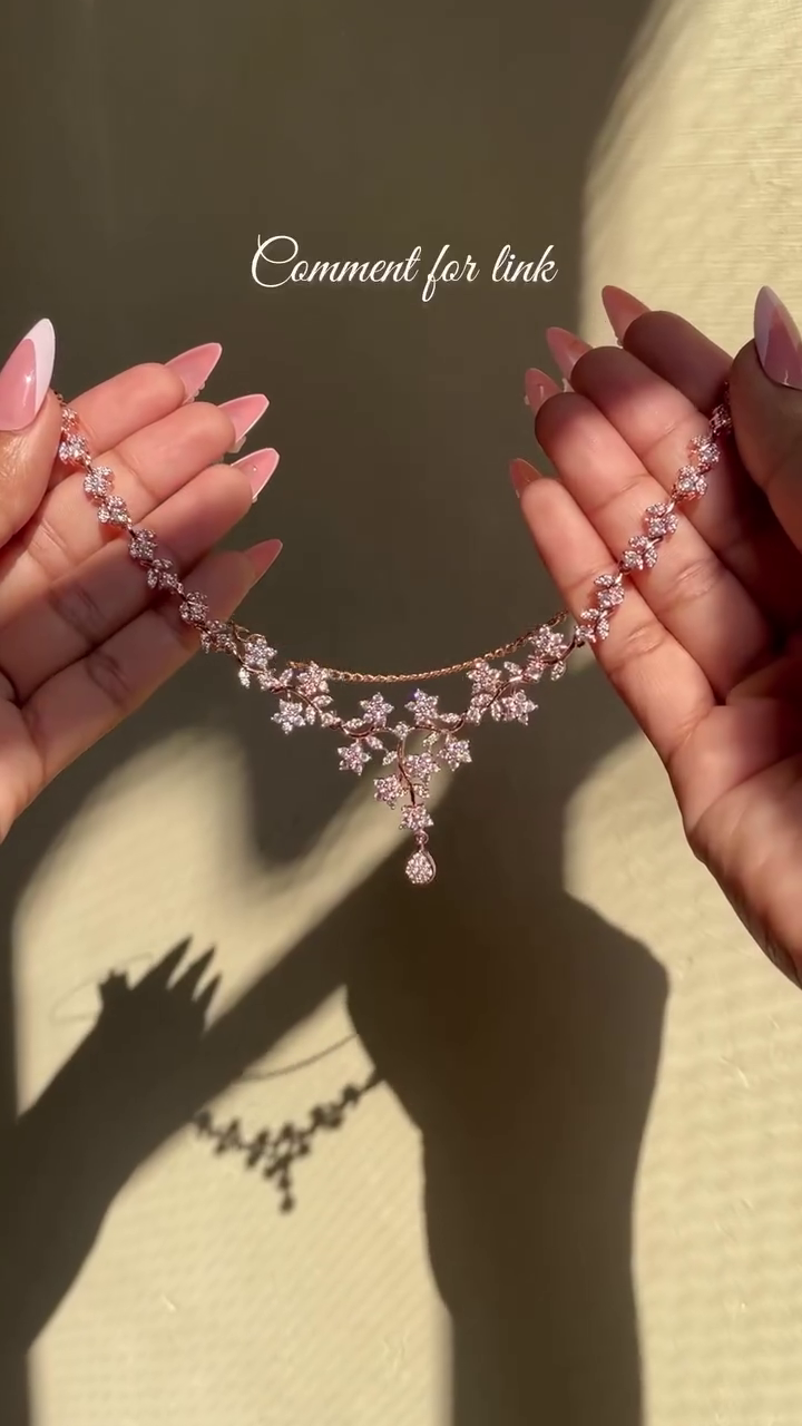 Rose Gold Teardrop Symphony Necklace – Sparkling Floral Gemstone Arrangement with Central Pendant of Timeless Grace 🌸💎