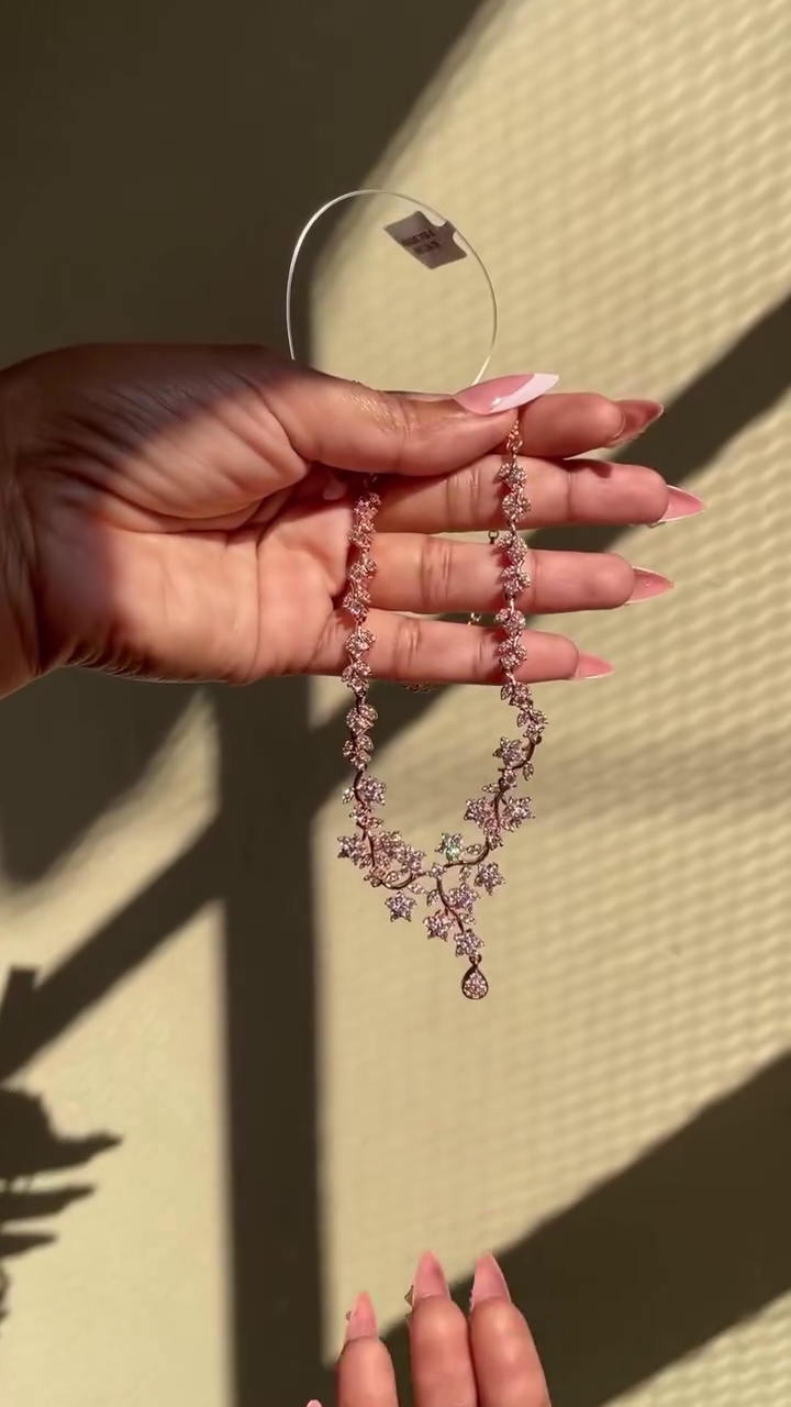 Rose Gold Teardrop Symphony Necklace – Sparkling Floral Gemstone Arrangement with Central Pendant of Timeless Grace 🌸💎