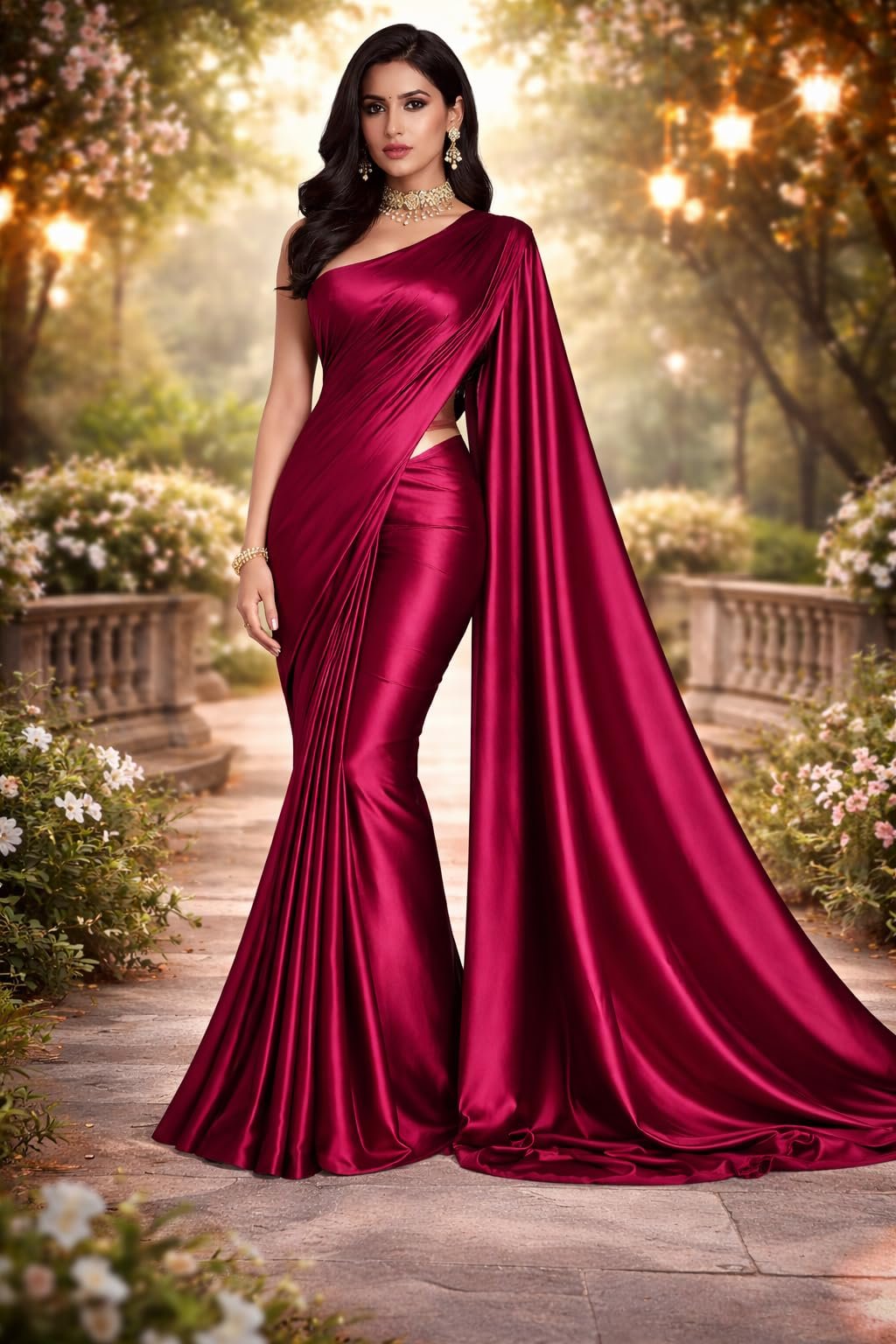 Women’s Premium Japan Satin Silk Plain Saree with Unstitched Blouse Piece – 5.5 Meters, Soft Smooth Finish, Elegant Solid Color Traditional Saree