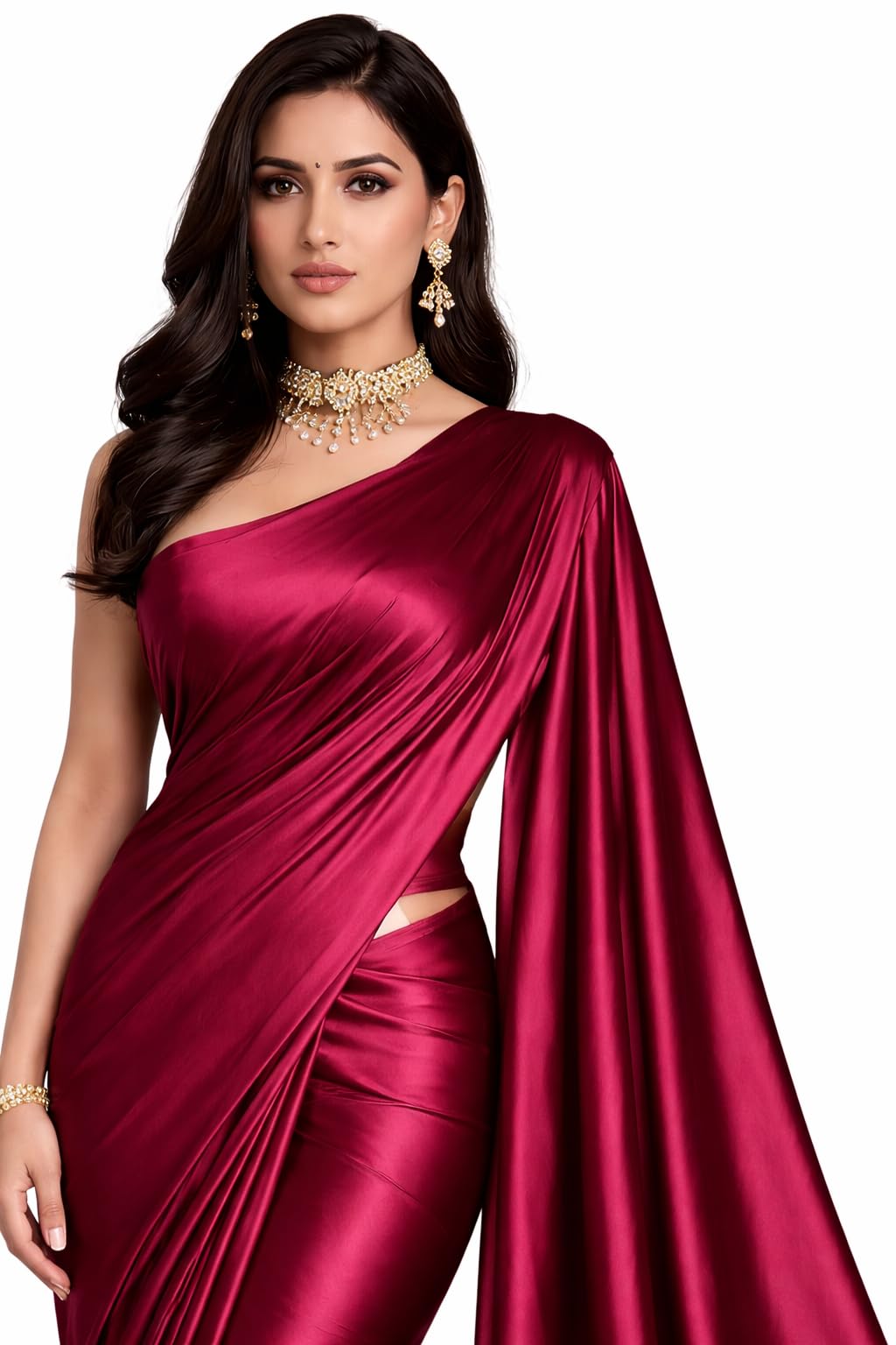 Women’s Premium Japan Satin Silk Plain Saree with Unstitched Blouse Piece – 5.5 Meters, Soft Smooth Finish, Elegant Solid Color Traditional Saree