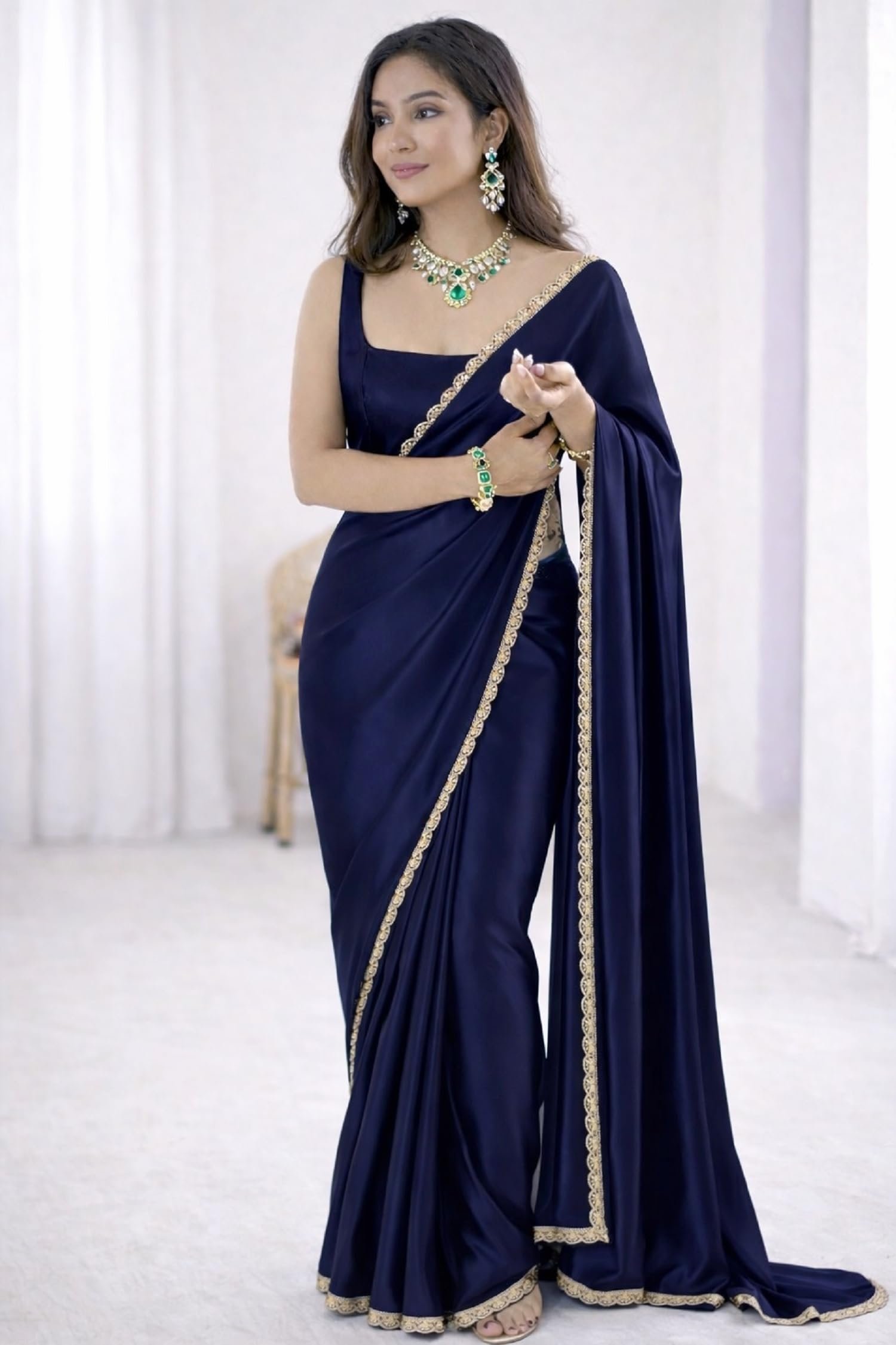 Saree For Women Satin Silk With Scallop Embroidered Border And Blouse Piece Wear For Party Wedding Farewell Plain Navy Blue