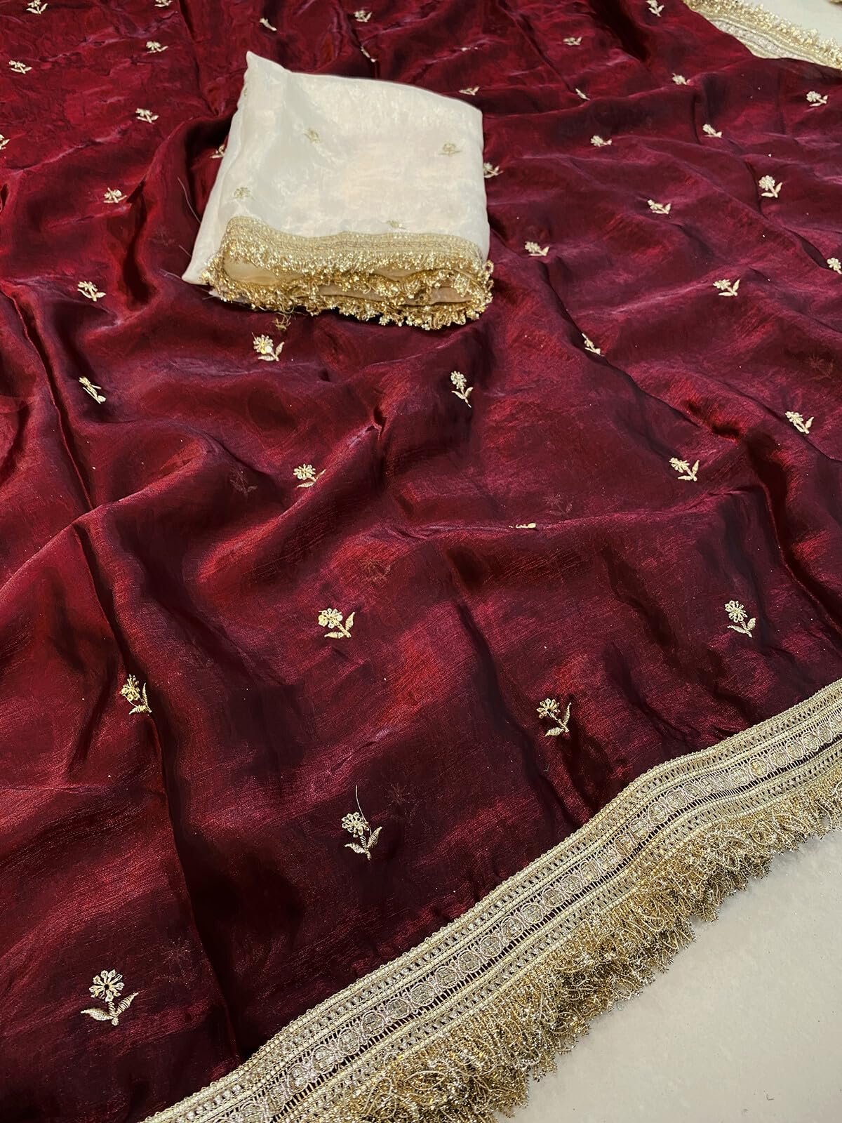 SIRIL Women's Tissue Silk Scalloped Border Sequins Embroidery Saree with Unstitched Blouse Piece