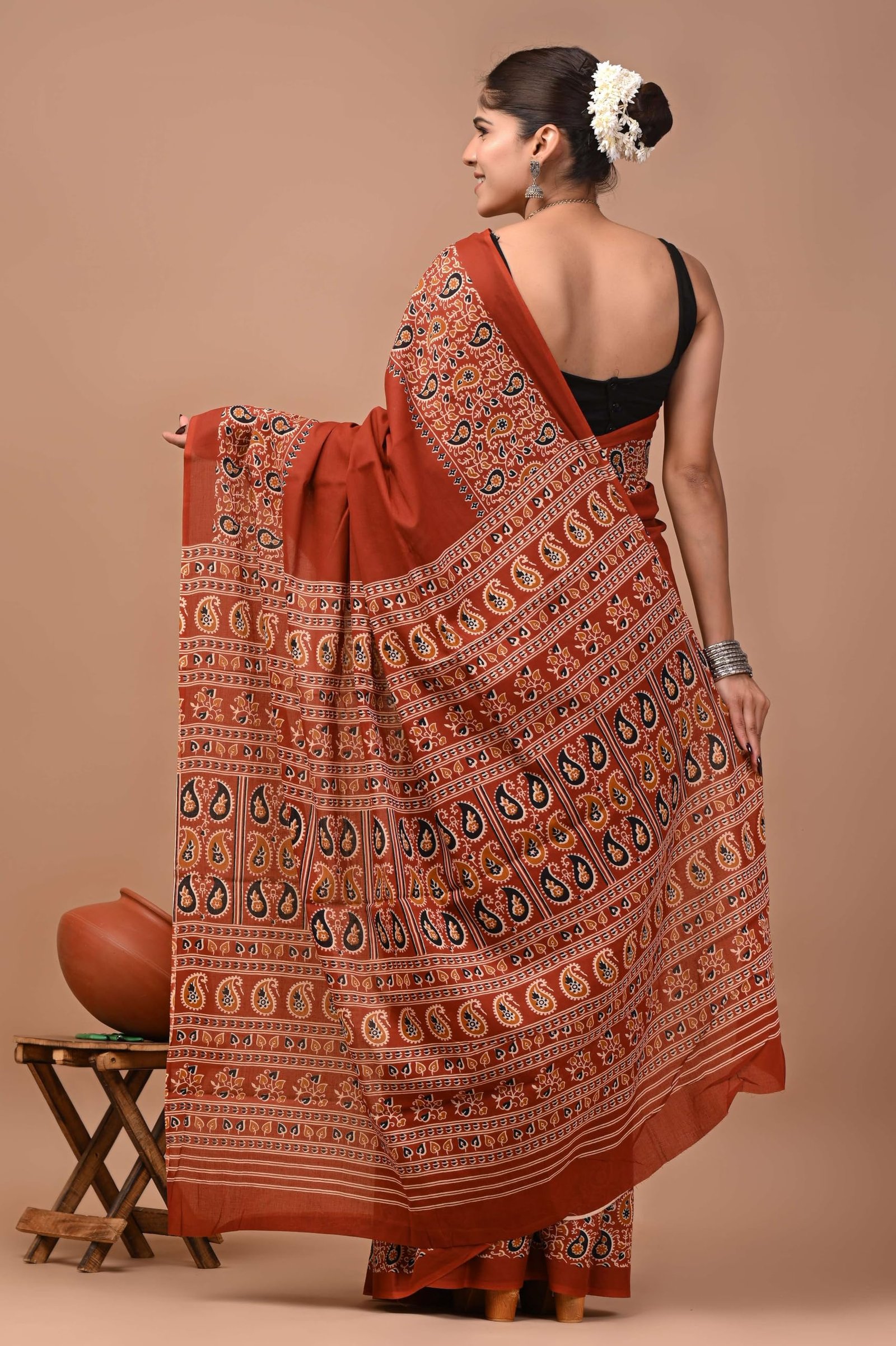 Women's Rust Orange Mulmul Cotton Printed Saree with Traditional Border & Designer Ajrakh Style Pallu with Blouse Piece