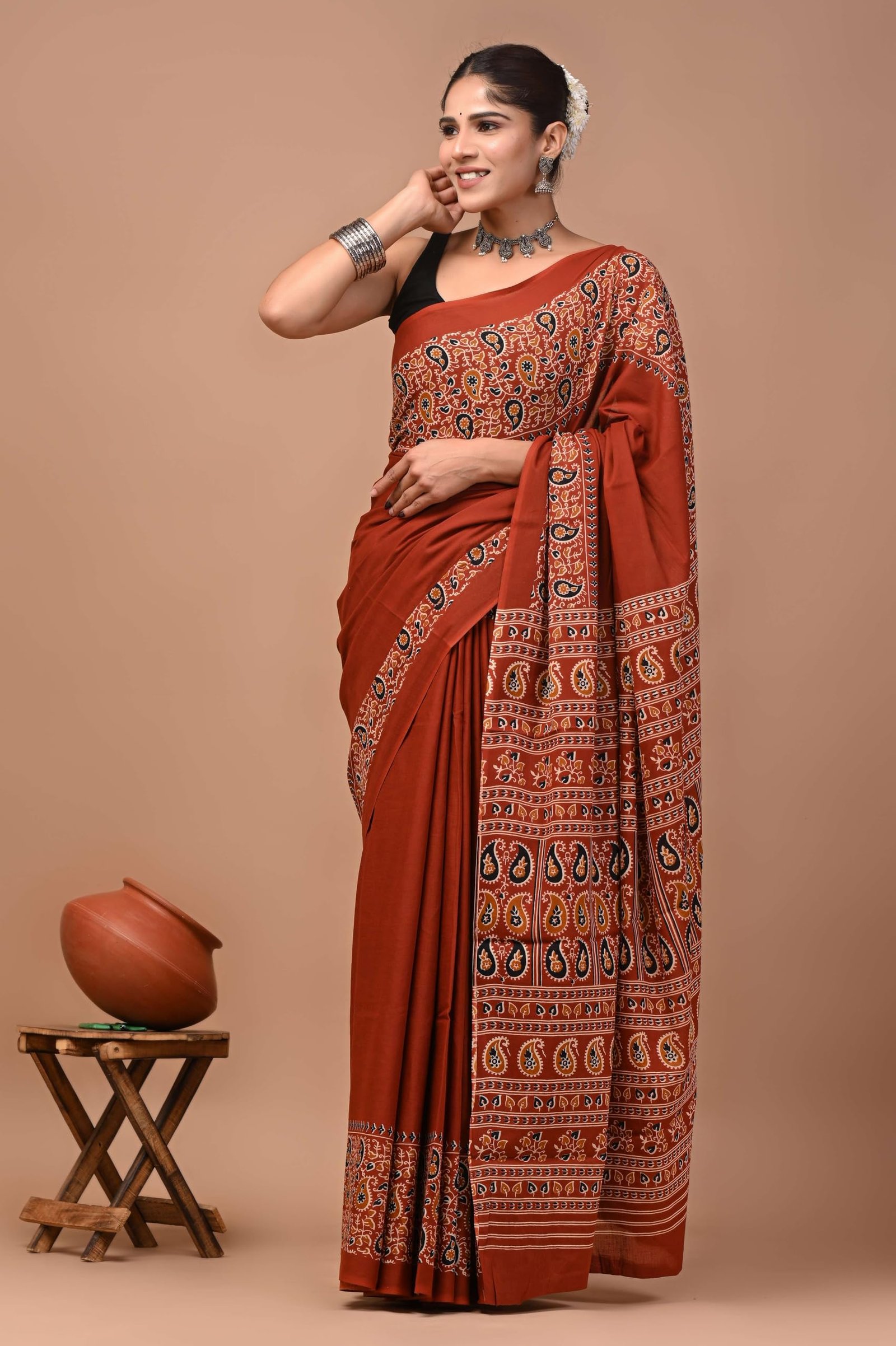Women's Rust Orange Mulmul Cotton Printed Saree with Traditional Border & Designer Ajrakh Style Pallu with Blouse Piece