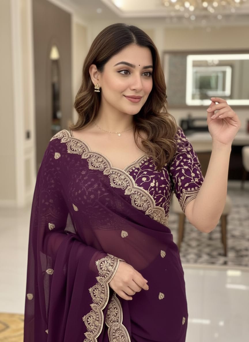 Yashika Women Vichitra Silk Saree with Embroidered Border| Latest Sarees Bollywood Sari | New Sarees | Saree Blouse| Designer Saree (AZ-YS-OG-LADYQUEEN-Parent)