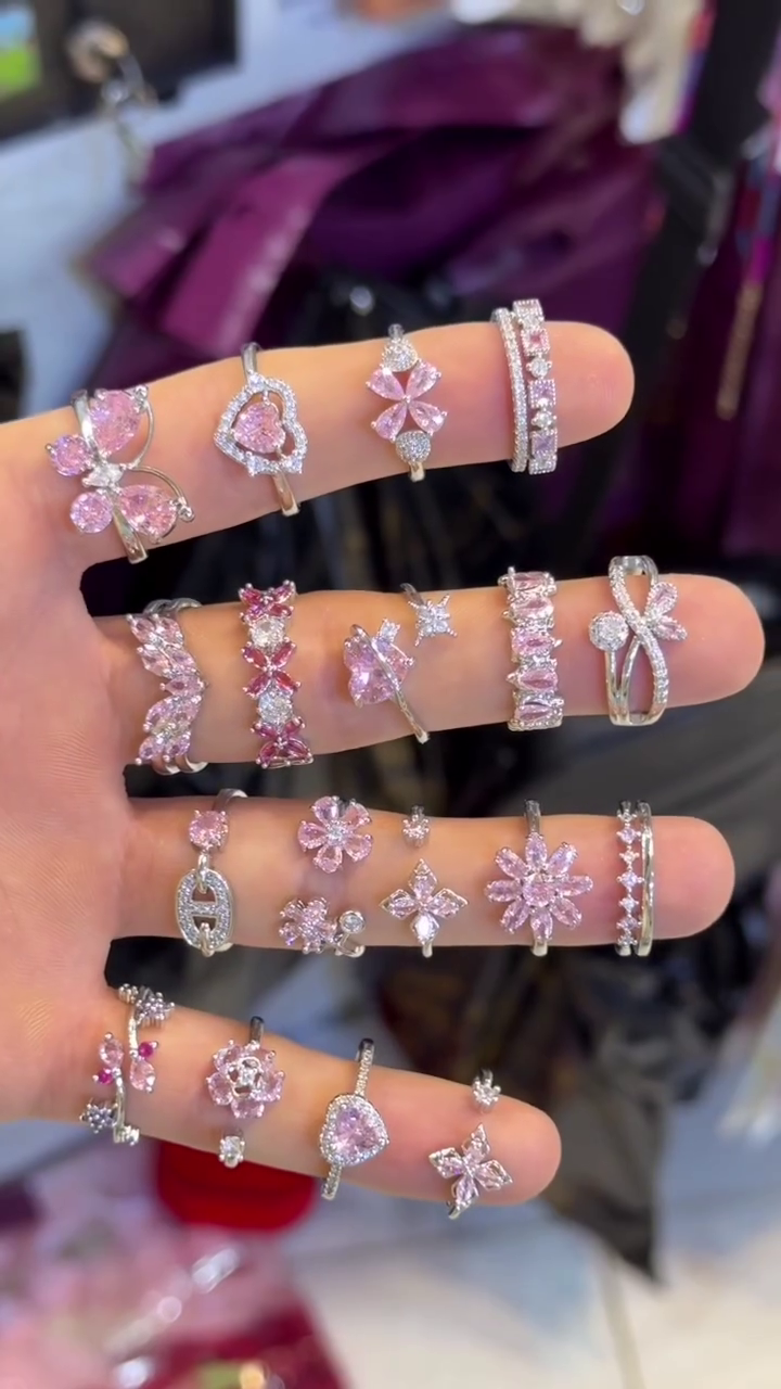 Pink Gemstone Dreamscape Ring Set – Butterfly, Heart, Flower, and Bow Motifs in Silver-Toned Brilliance 🌟✨]