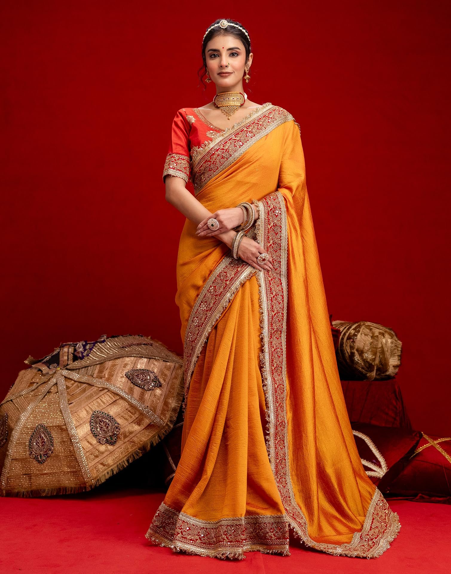 SIRIL Women's Vichitra Silk Sequins Embroidery Lace Saree With Unstitched Blouse Piece