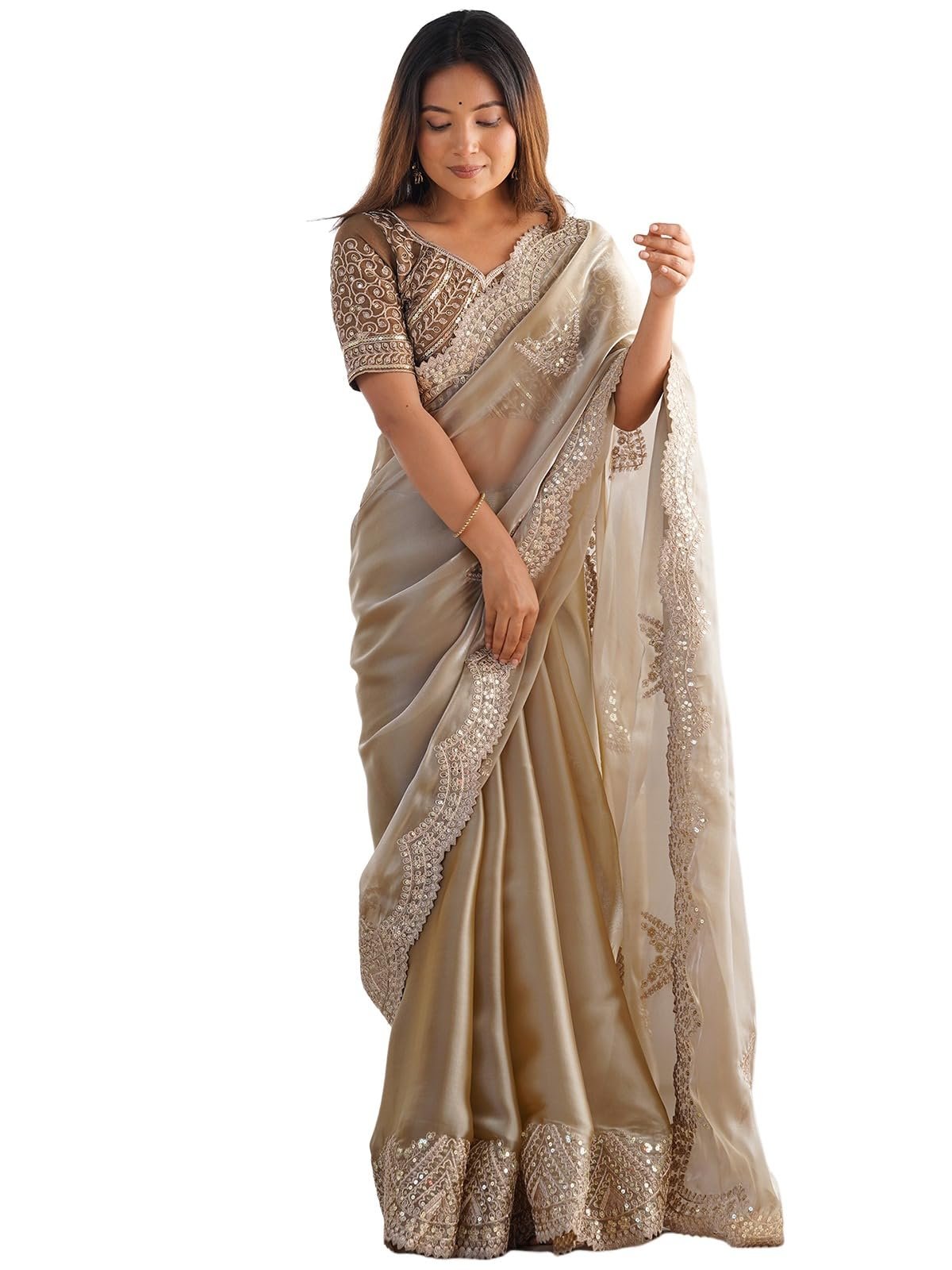 Satrani Women's Tissue Silk Sequin Embroidery Scalloped Border Saree with Unstitched Blouse Piece