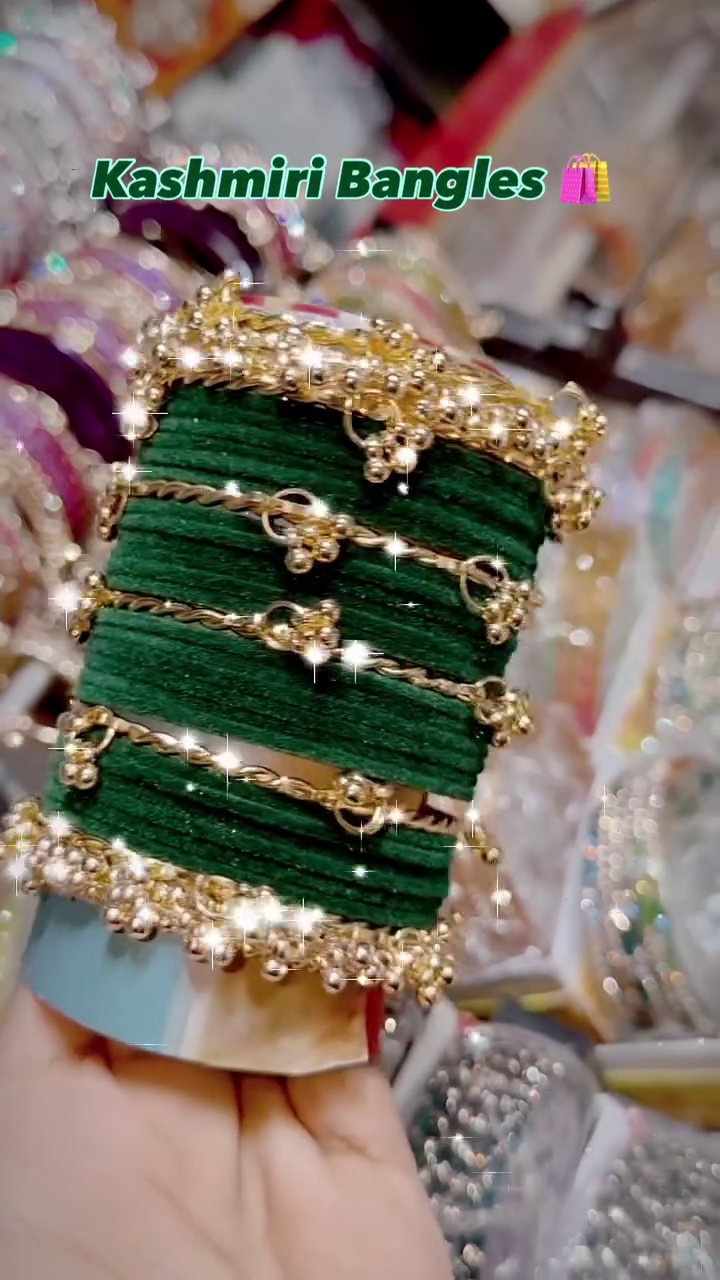 Kashmiri Emerald Grace Bangles – Deep Green Traditional Ornaments with Golden Embellishments and Beaded Detailing 🌿✨