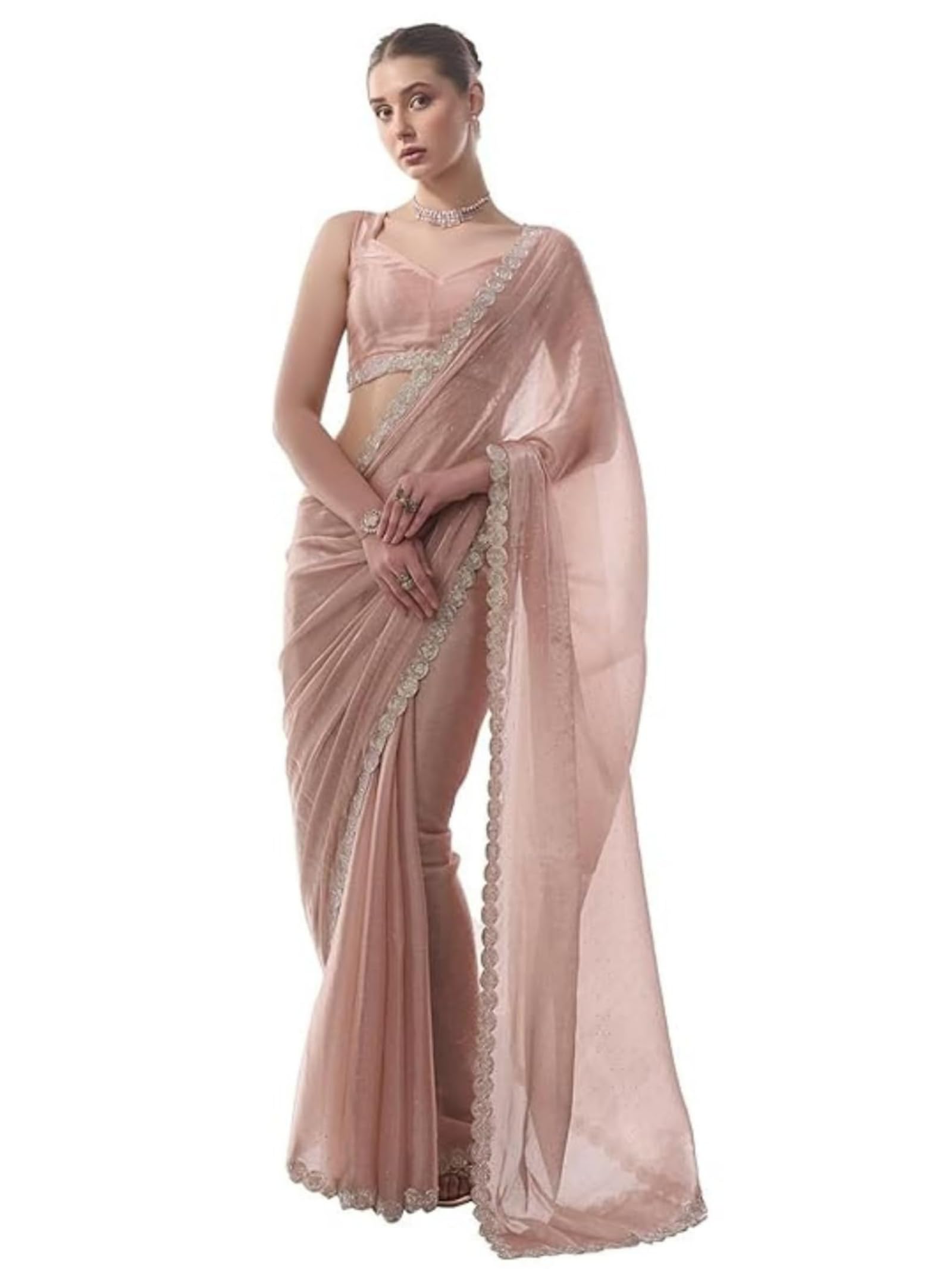 ORHANS Embellished Pure Chiffon Saree | Sequinned Pink Saree Fabric With Matching Blouse | Festive & Wedding