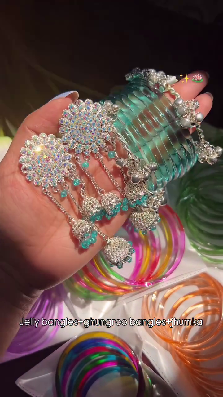 Turquoise Melody Jewelry Set – Jelly Bangles with Ghungroo Bells and Silver Jhumka Earrings 🌸✨