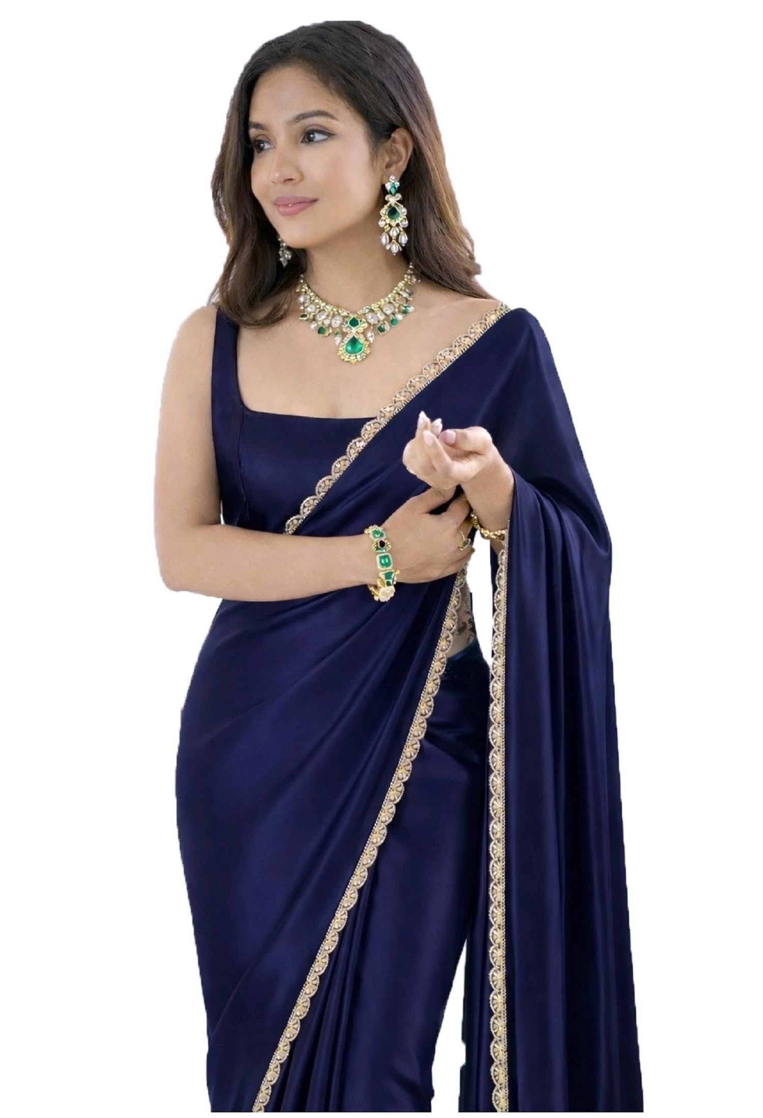Saree For Women Satin Silk With Scallop Embroidered Border And Blouse Piece Wear For Party Wedding Farewell Plain Navy Blue